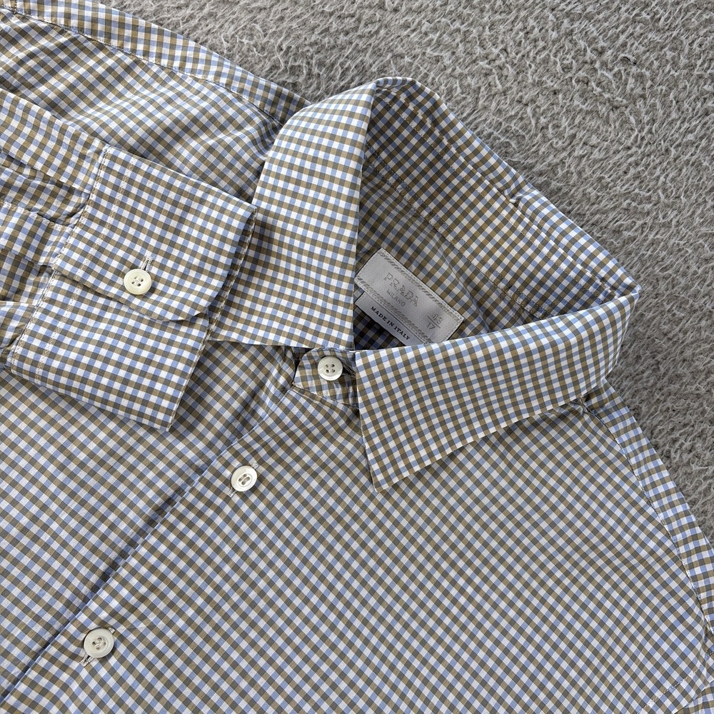 PRADA Shirt 43/17 Blue Tan Gingham Button Up Cotton Made in Italy